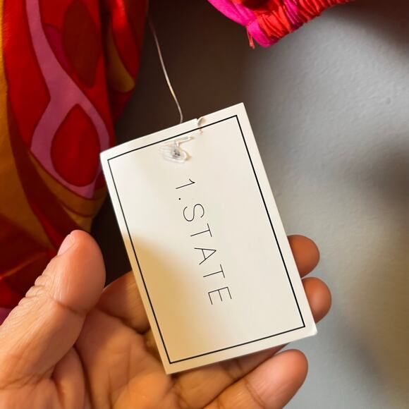 1.State Pink & Orange Puff Sleeve Tiered Maxi Dress 100% Cotton Summer Large New - Picture 3 of 7